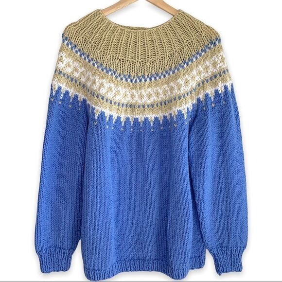 Hand Knit 🧶 100% Cotton Fisherman’s Fair Isle Sweater - Picture 1 of 8